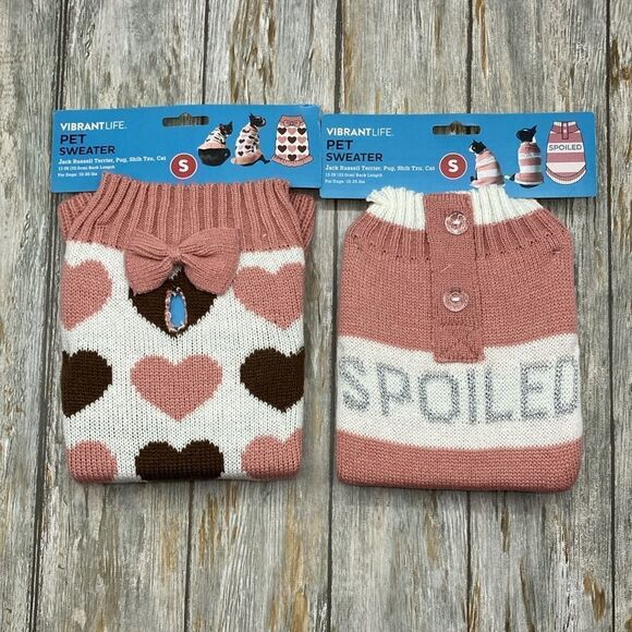 ❤️HP❤️ Pet Winter Dog or Cat Clothes Spoiled & Heart Pink Sweaters 2-Pack Size S - Picture 1 of 12